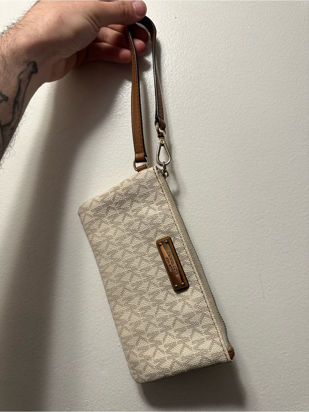 Michael Kors Cream Beige Canvas Wristlet with Brown Leather Accents